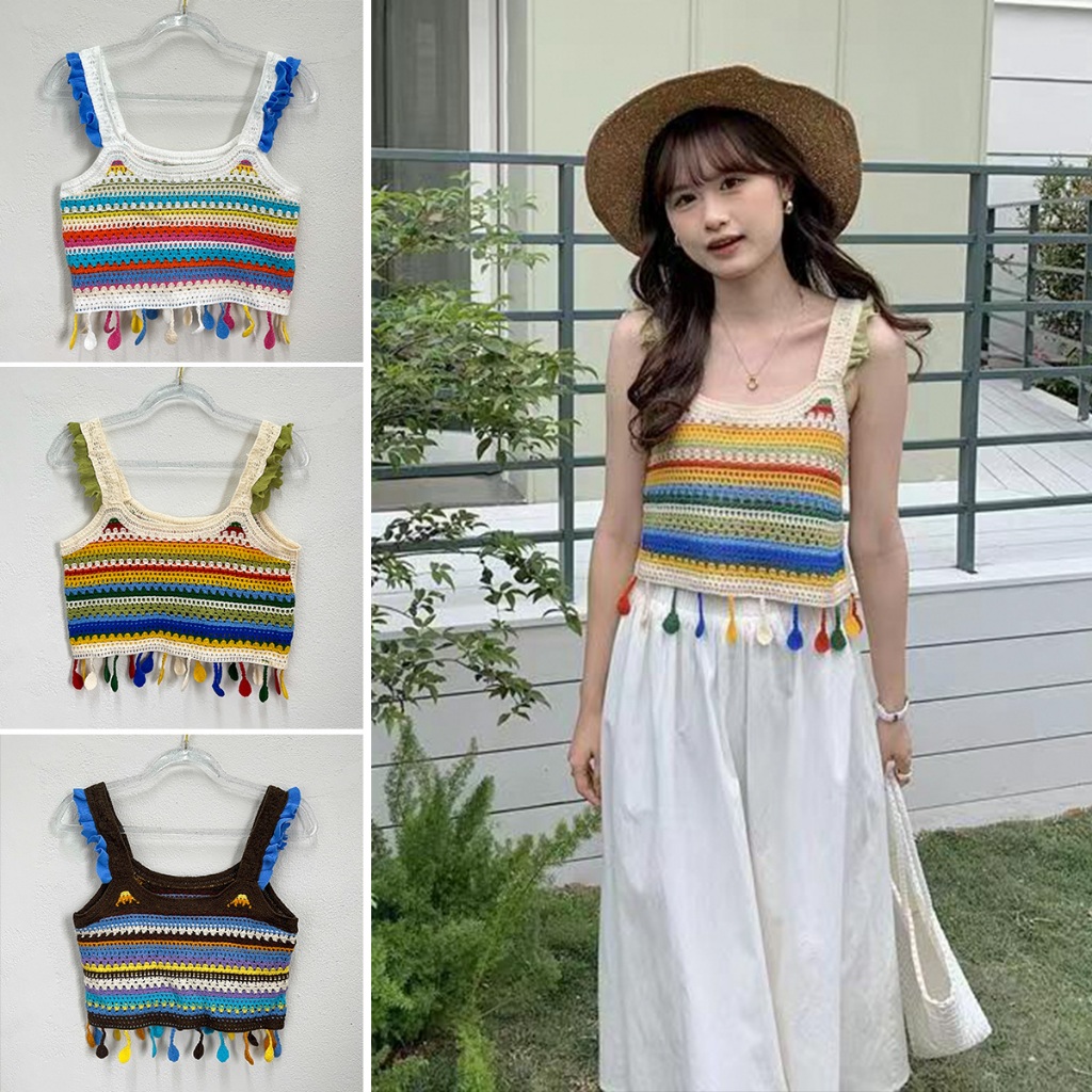สาวร้อนหวานสายรุ้งลายถักเสื้อชั้นในสตรีฤดูร้อนมีสายสั้นเสื้อชั้นในสั้น
