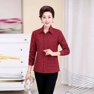สินค้าพร้อมส่ง เสื้อเชิ้ตผู้หญิงลายสก๊อตผู้หญิงแขนยาวแฟชั่นระบายอากาศสบาย