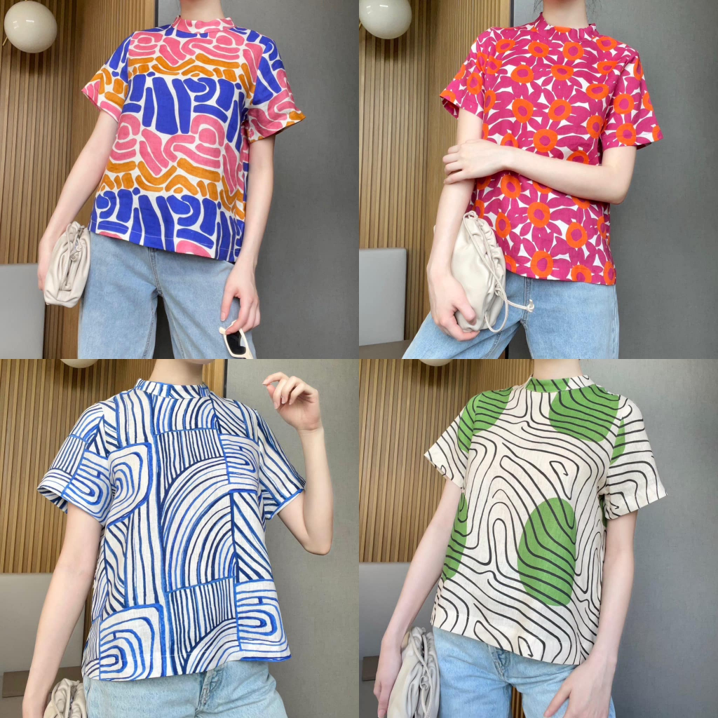 เสื้อคอปีนผ้าลินินแท้ลายน่ารักสดใสM7