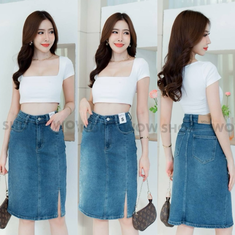 กระโปรงยาวคลุมเข่า แต่งผ่าหน้าขา สีฟอกสวยๆ ผ้าพรีเมี่ยมผสมยืด #WW938