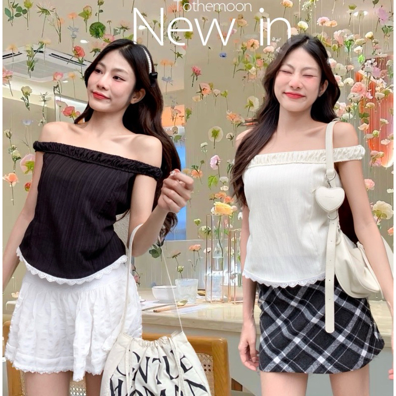 มีซับ เสื้อปาดไหล่ ผ้าsugar แต่งชายลูกไม้โค้งๆน่ารักมากๆ/ T1-2 // TOT-ปาดเล็ก