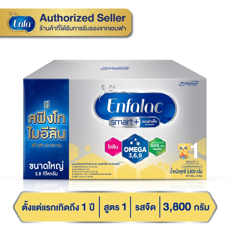 Enfalac Smart+1 เอนฟาแล็ค สมาร์ทพลัส นมผง สูตร 1 รสจืด ขนาด 3800 กรัม (บรรจุ 475กรัม จำนวน 8ซอง)