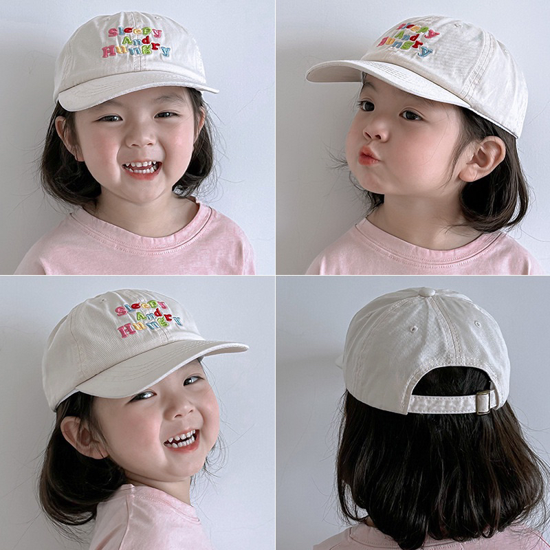 ♥️พร้อมส่ง🧢หมวกแก็ปเด็ก Sleepy and Hungry  น่ารัก สีสดใส มีสายปรับขนาด