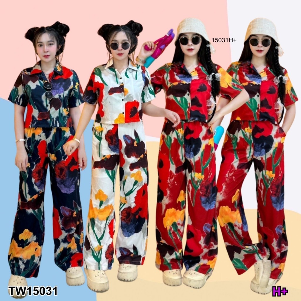 TwinsShopVip พร้อมส่ง TW15031 Set 2 ชิ้น เสื้อเชิ้ตลายดอกไม้ + กางเกงขายาวเข้าเซต