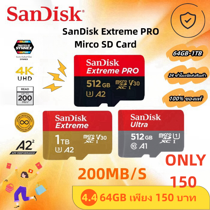 Sandisk EXTREME PRO SD Card 200MB/S A2 CLASS10 Micro SD เมมโมรี่ การ์ด Applied to โทรศัพท์ กล้อง GoPro 128GB 256GB 512GB