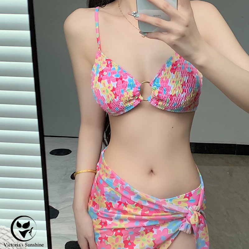 🇹🇭พร้อมส่งในไทย🇹🇭ชุดว่ายน้ำ3ชิ้น bikini บิกินี่ ลาย ผ้ายับ สายสะพายไหล่ปรับได้#0253