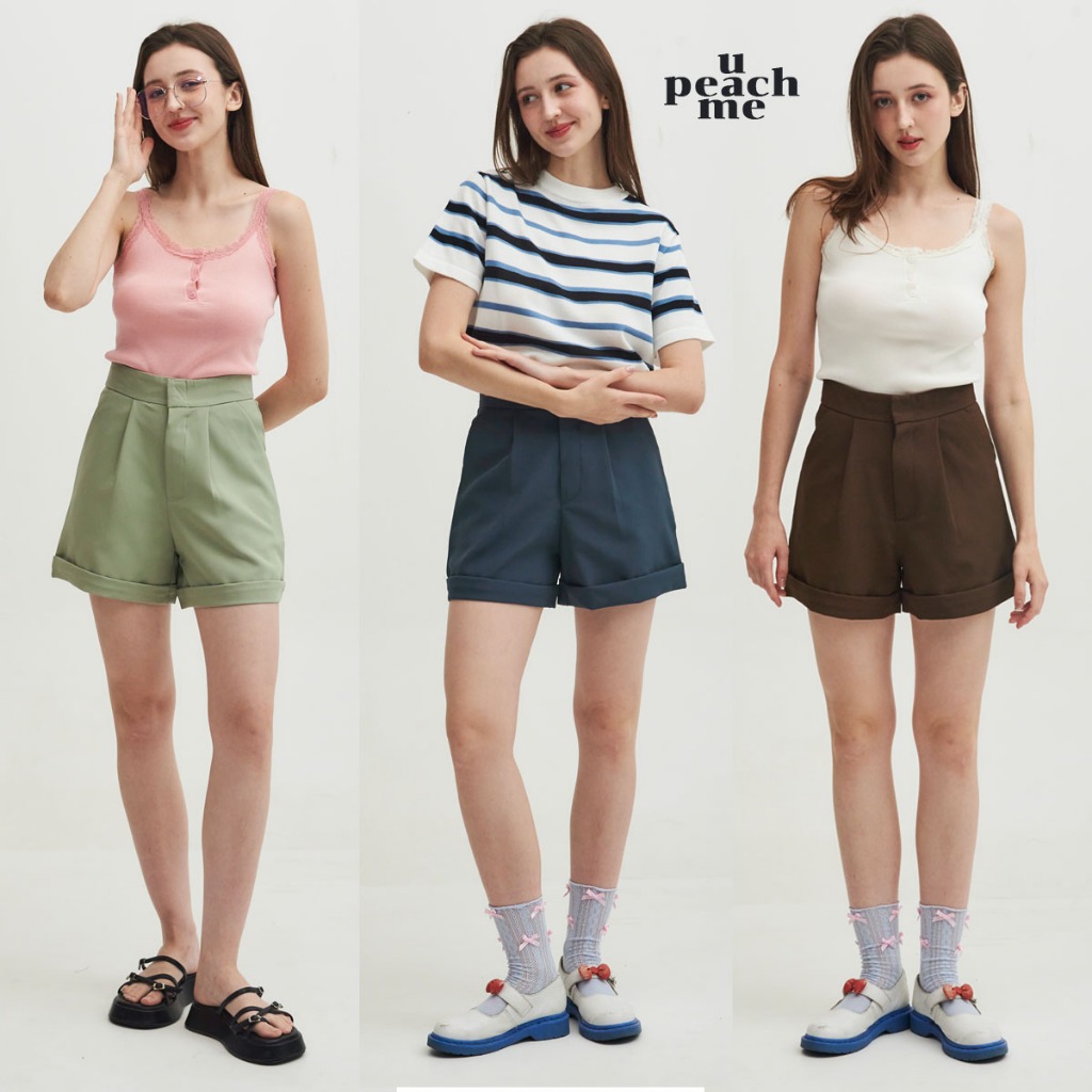 upeachme(C4-4.5) TUNA SHORTS (S-3XL) กางเกงขาสั้นเบิ้ลเอวสูงสีพื้น ขาสั้นปลายขาพับ เกงเอวสูงผ้าเด้งขาเบิ้ล – โปรปัง