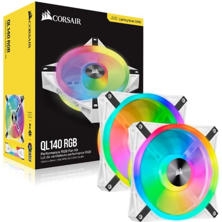 iCUE QL140 RGB 140mm PWM White Fan — Dual Fan Kit with Lighting Node CORE