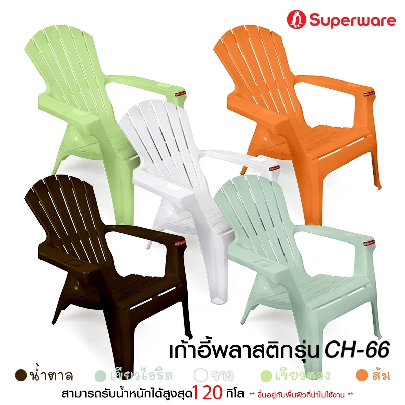 Srithai Superware เก้าอี้พลาสติก มีที่ท้าวแขน และ พนักพิง สำหรับ เอนนอน พักผ่อน ที่นั่ง ชายหาด รุ่น CH-66