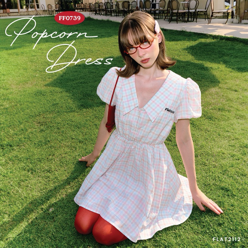 FLAT2112 FF0739 : POPCORN DRESS เดรสลายสก็อต สีพาสเทล
