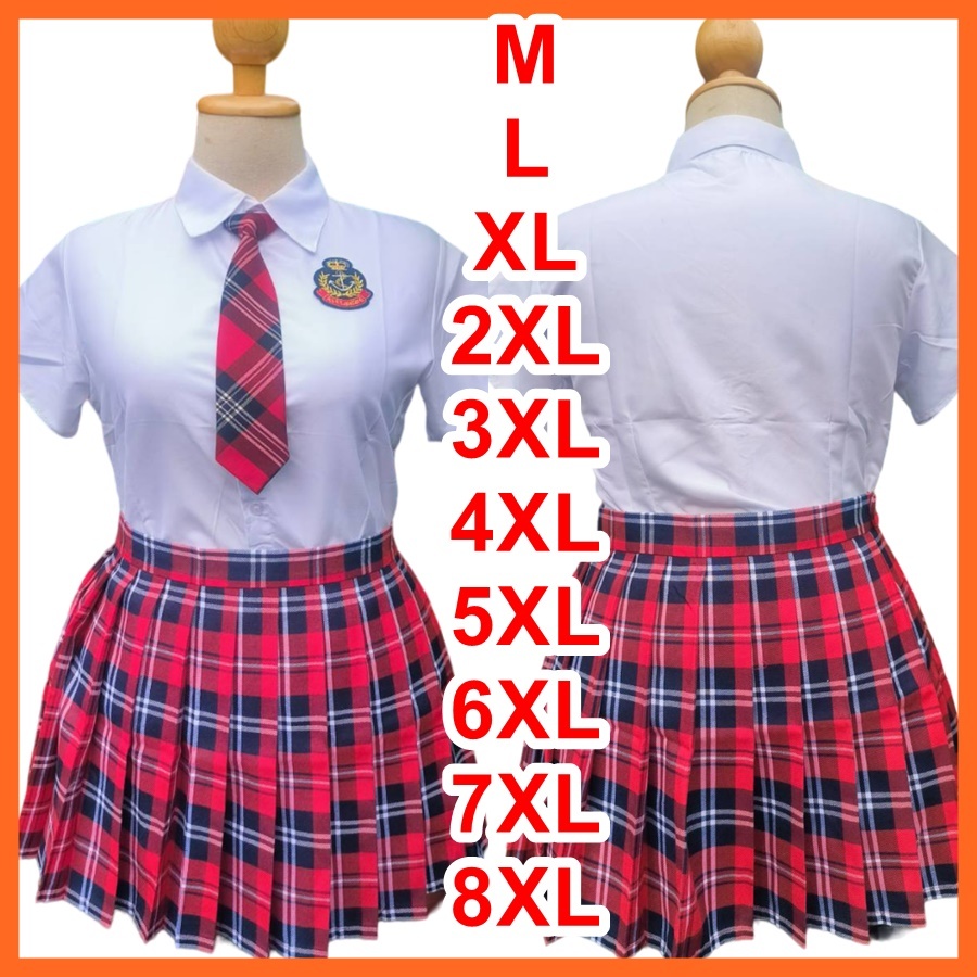 พร้อมส่ง จาก กทม M-4XL ชุดนักเรียนลายสก๊อตสีแดง #แดงจีบรอบ