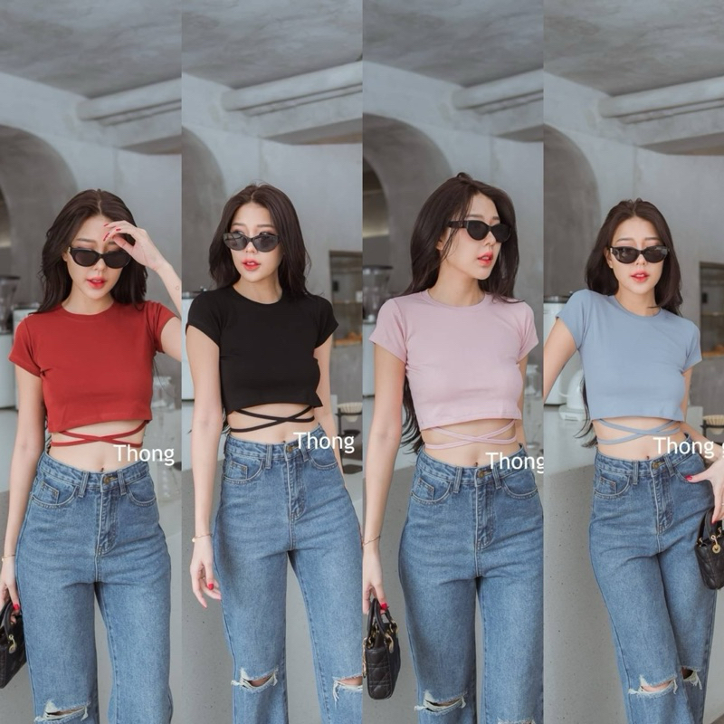 T256 เสื้อครอปคอกลมผูกเอว ผ้ายูนิโคล ป้าย Thong glom