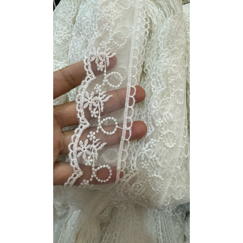 ลูกไม้ปัก4cm. มี2ลาย ผ้าริมเดียวปักสวยๆ เส้นละ14-15หลา 220฿