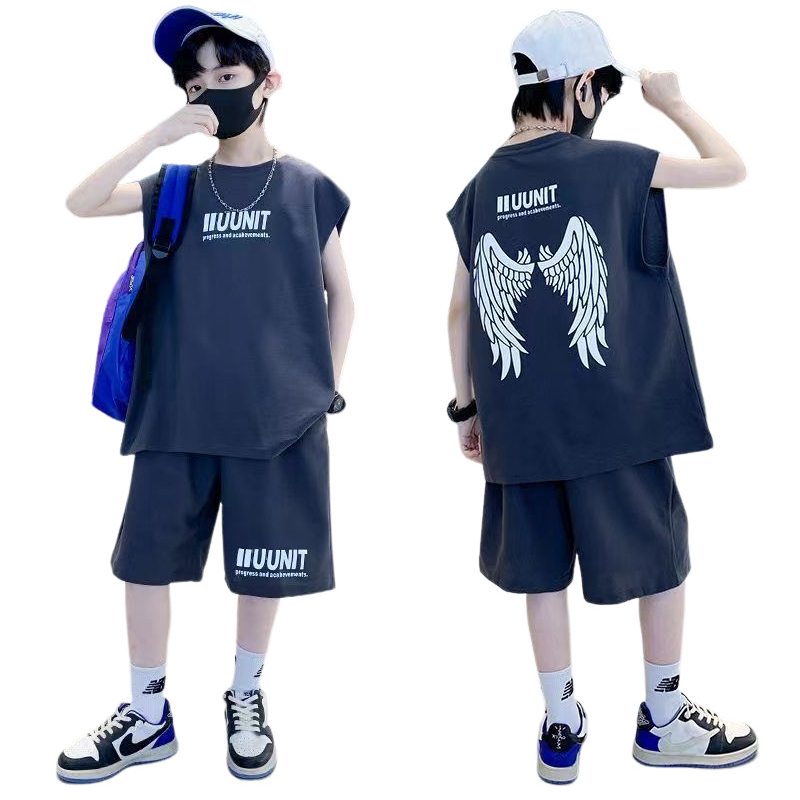 KIDSZONE ชุดเซ็ต 2 ชิ้นเด็กผู้ชาย แขนกุด+กางเกงขาสั้นเอวยางยืด รุ่น A3045