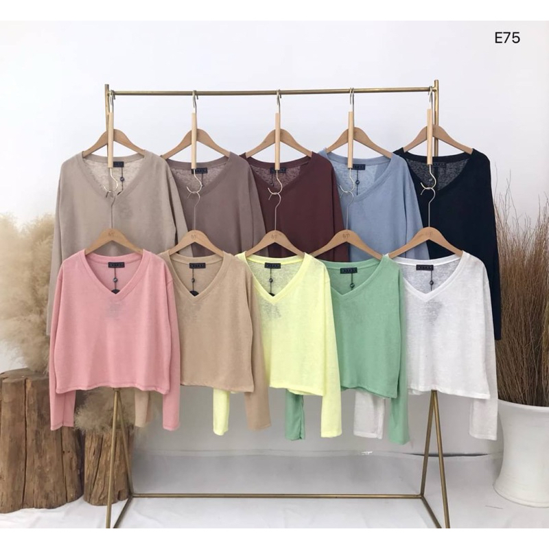 เสื้อแขนยาว ผ้าสลาฟเกาหลี คอวี ผ้าบางใส่ไม่ร้อน
