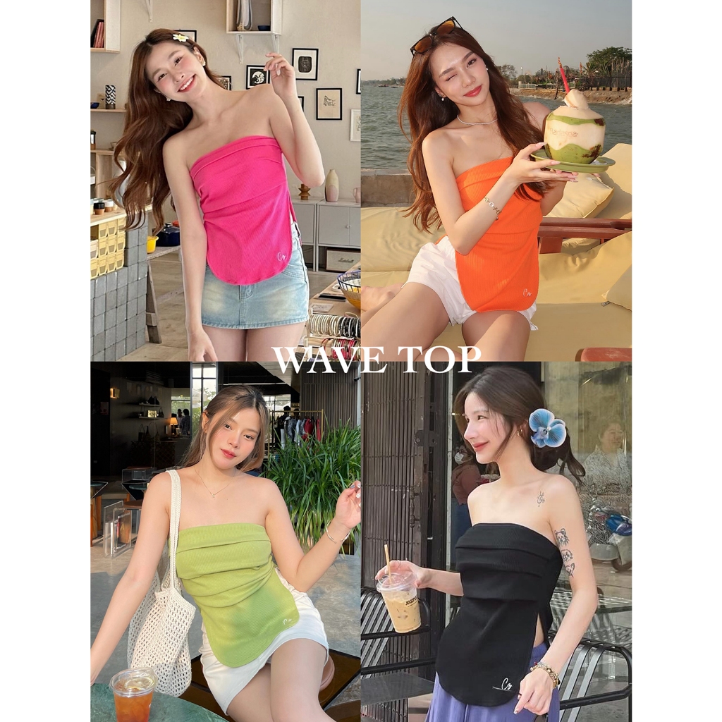 COZY CLUB. - WAVE TOP เกาะอกผ้าร่องแต่งจีบที่อก ปักโลโก้แบรนด์