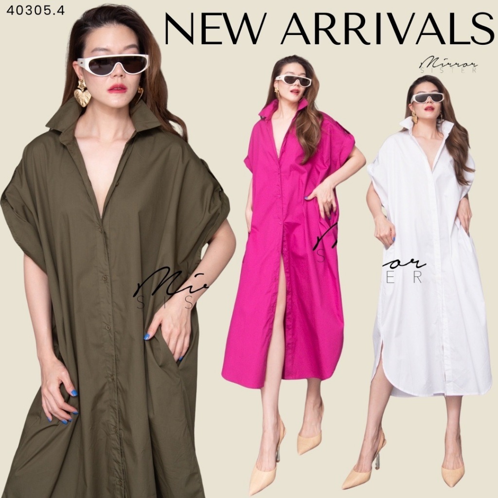 🔖Mirrorsister 40305.3 เดรสเชิ้ตแขนสั้นล้ำทรงค้างคาว ทรงใหญ่หลวม ใส่ง่าย ช่วงไหล่มีเชือกให้ติดกระดุม กระดุมผ่าเปิด-ปิดได้