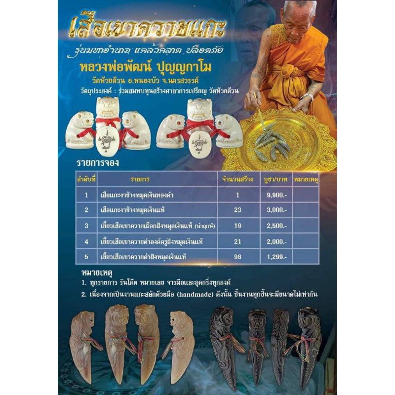เสือ เขาควายแกะ หลวงพ่อพัฒน์รุ่น มหาอำนาจ แคลวคลาด ปลอดภัย