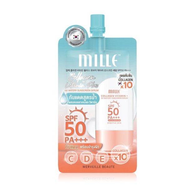 (1ซอง) มิลเล่ เซรั่มกันแดด สูตรน้ำ Mille Collagen Vitamin Plus Watery Sunscreen SPF50 PA+++ 6g