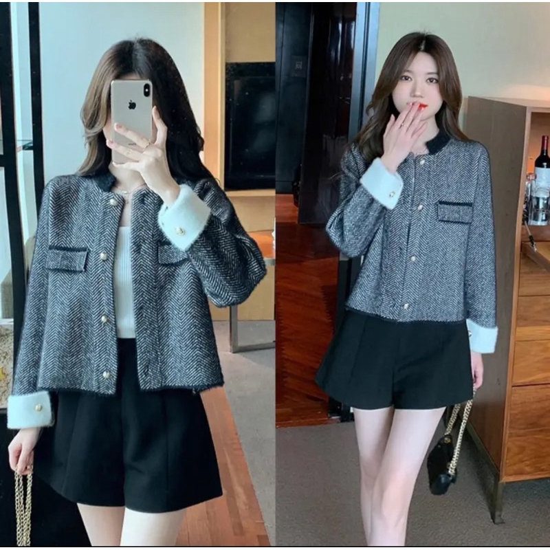 เสื้อคาร์ดิแกนไหมพรหมขนมิ้งคอจีน แต่งแขนพับสไตล์เกาหลีผู้ดี ใส่คลุมไปต่างประเทศสวยมาก