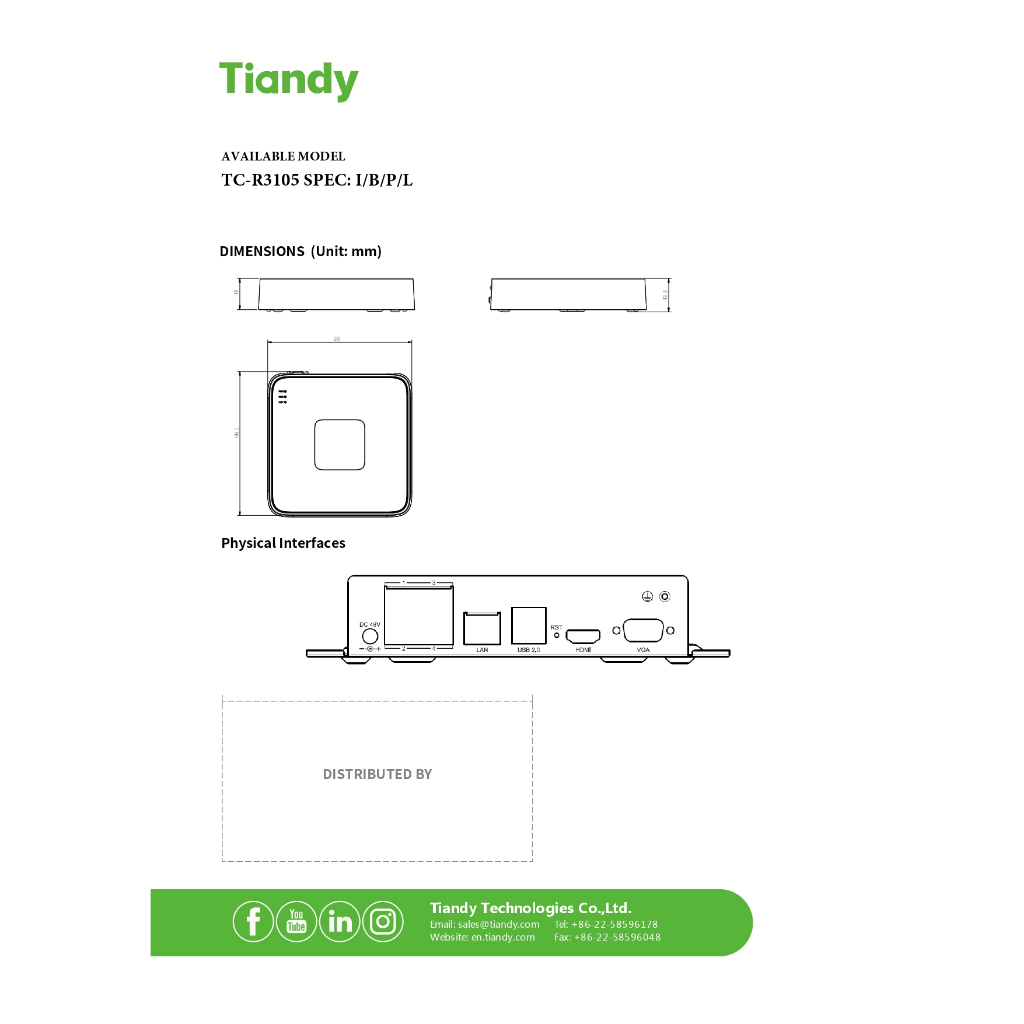 Tiandy เครื่องบันทึกกล้องวงจรปิด NVR รุ่น TC-R3105 ( 5 ช่อง ) รองรับ POE 4 ช่อง รับประกัน 3 ปี