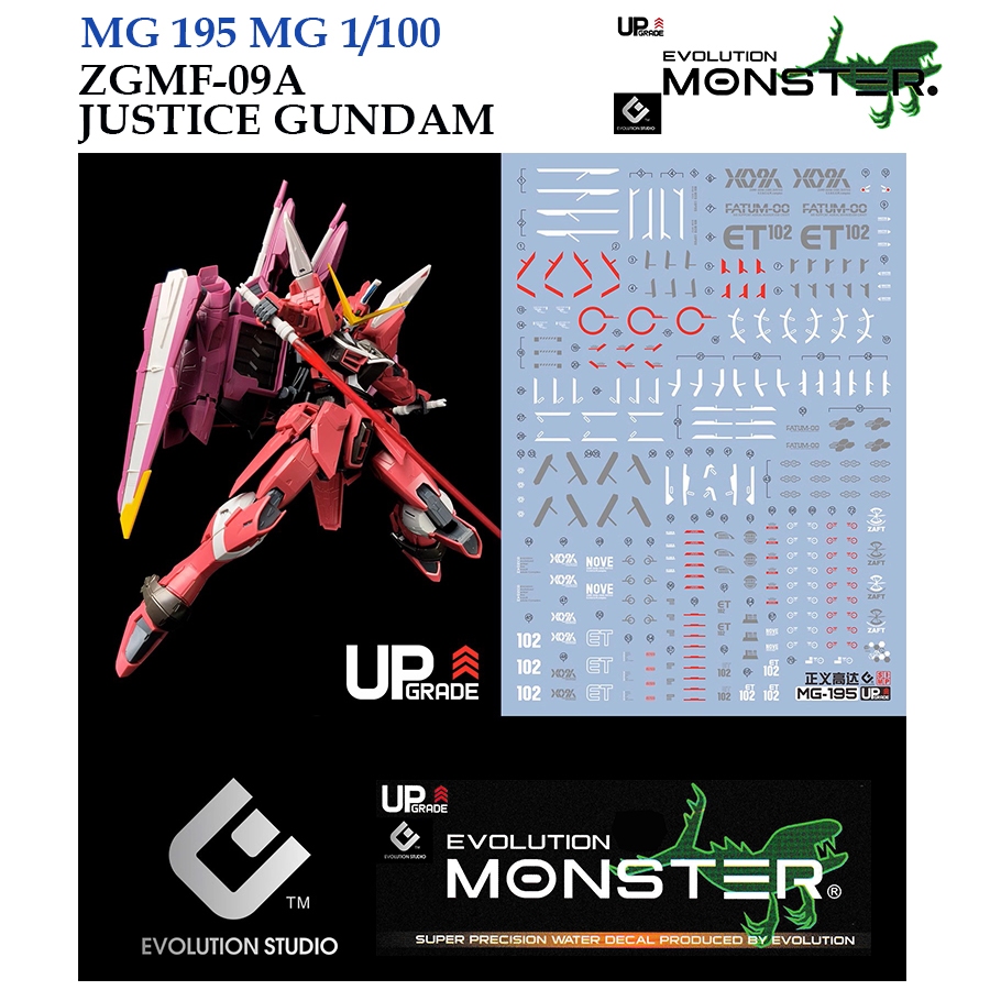 ดีคอลน้ำ [MONSTER EVO] MG 195 ZGMF-09A JUSTICE MG 1/100 WATER DECAL HIGI PRECISION FLUORESCENT MODEL KITS TOOLS MG195