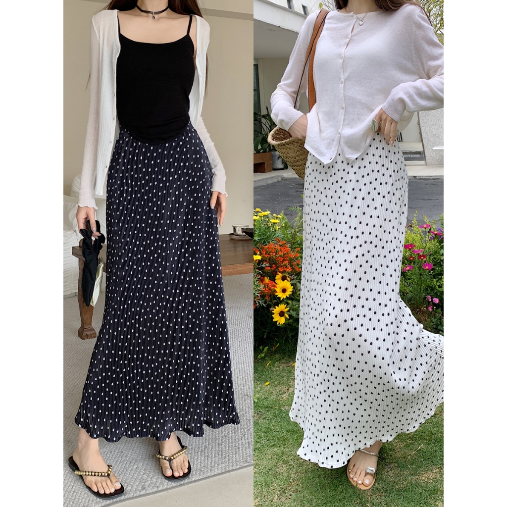 GHAOHES กระโปรงหางปลา ลายจุด สไตล์ฝรั่งเศส เอวสูง ย้อนยุค ใส่แล้วผอมเพรียว คลุมสะโพก มีซับใน (2002)