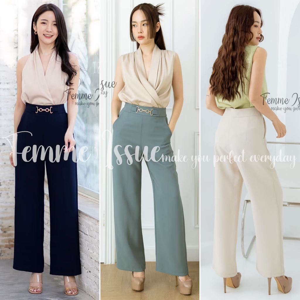 FEMME ISSUE ⭐️กางเกงขากระบอกเอวสูง ชุดทำงาน ลำลอง เกรดพรีเมียม แต่งอะไหล่อย่างดี #8033⭐️ สินค้าขายดี