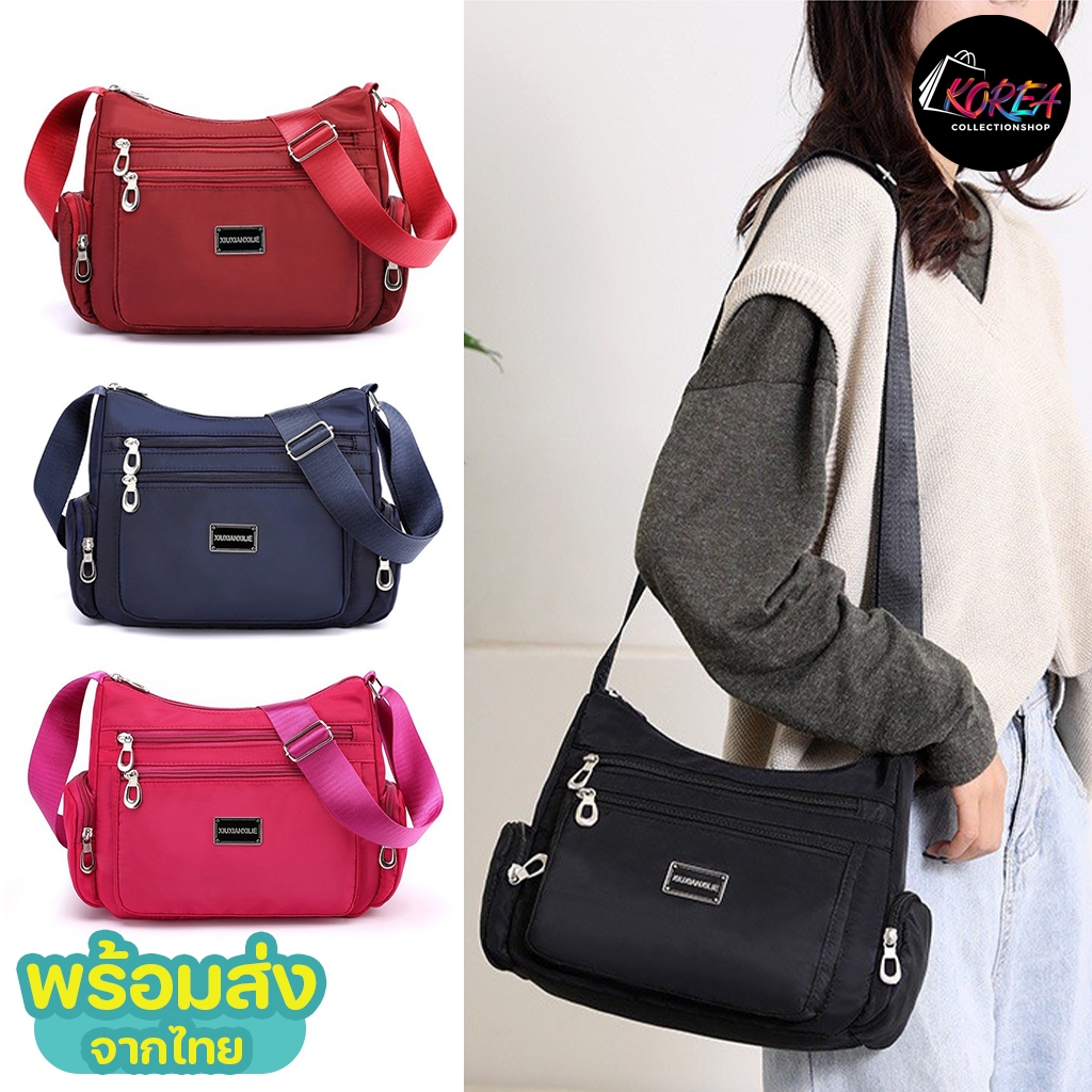KOREA(KR1089) กระเป๋าสะพายข้างผ้าไนล่อนช่องเยอะสุดคุ้ม
