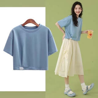 เสื้อคลอปน่ารักๆ สีพื้น oversize เสื้อผ้าสาวอวบมินิมอลสไตล์เกาหลี เสื้อยืดสวยๆผู้หญิงกําลังฮิต คนอ้วนไซส์ใหญ่ M-2XL