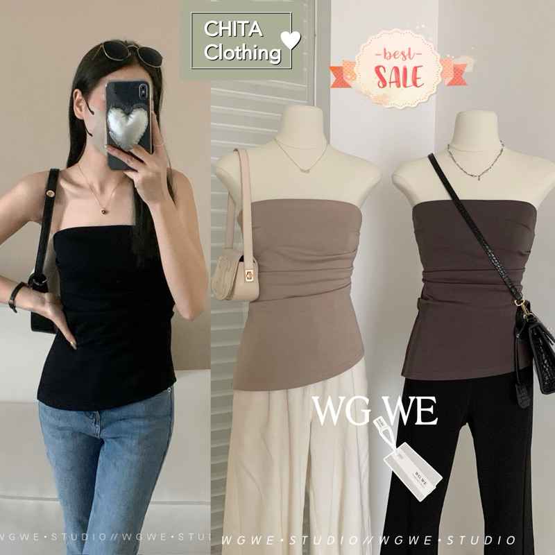 7684#เสื้อเกาะอก เนื้อผ้ายืดอย่างดี จับจีบย่นช่วงเอว TAG:WG.WE