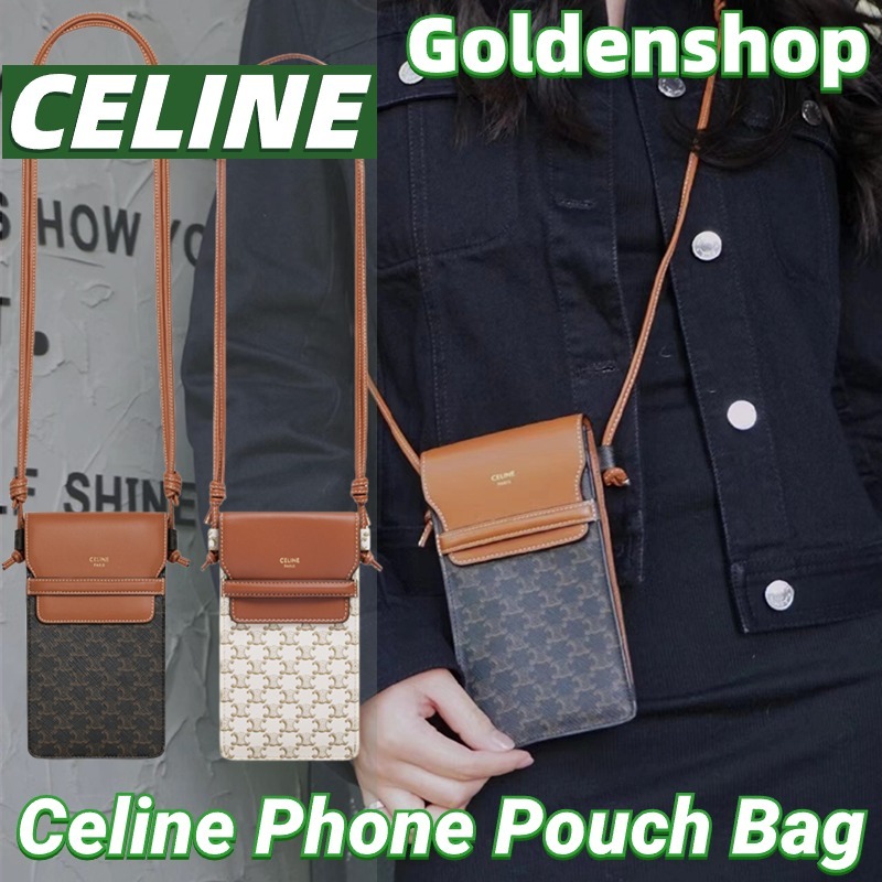 👜เซลีน CELINE Triomphe Phone Pouch With Flap Bag Canvas And Lambskin👜กระเป๋าสะพายเดี่ยว