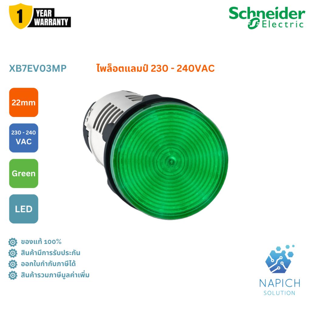 XB7EV03BP : ไพล็อตแลมป์ แบบ LED, Ø22mm, แบบพลาสติก, สีเขียว, 24VAC/DC- Schneider Electric - Pilot Lights / Pilot Lamp