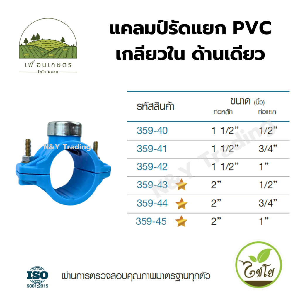 แคลมป์รัดแยก PVC เกลียวใน ด้านเดียว แบรนด์ไชโย มีหลายขนาดให้เลือก