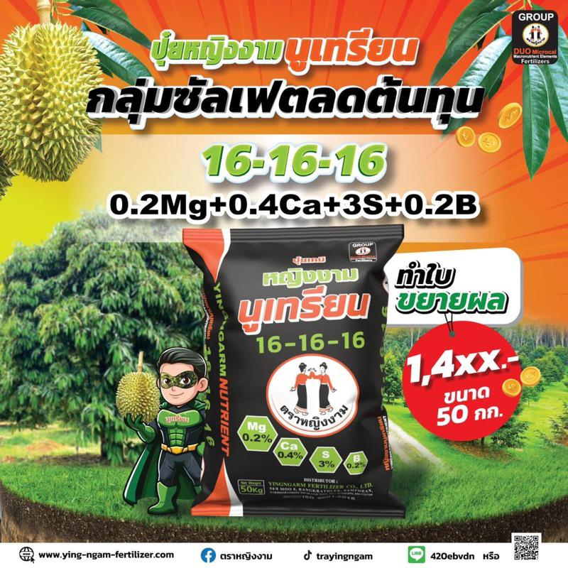 (1ออเดอร์ต่อ1กระสอบ) นูเทรียน 16-16-16 50 กิโลกรัม ตราหญิงงาม ขยายขนาดใบ บำรุงต้น ช่วยให้ต้นสมบูรณ์แ