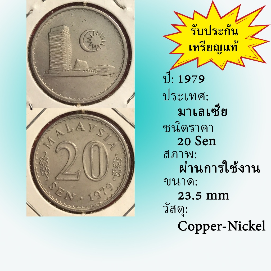 No.2119-61 ปี1979 Malaysia มาเลเซีย 20 Sen เหรียญต่างประเทศ ของเก่า หายาก น่าสะสม ราคาถูก