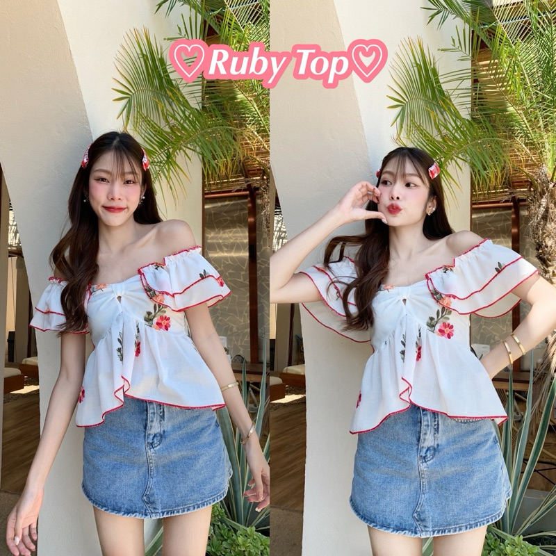 Ruby Top เสื้อปาดไหล่แขนระบาย(ใส่ได้2แบบ)งานปักนะคะ