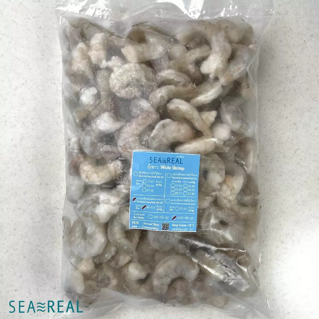 Seareal กุ้งขาวสดแช่แข็งแกะเปลือกผ่าหลังถอดหาง น้ำหนักกุ้ง 100% Frozen Raw Shrimp (PD) N.W. 100%