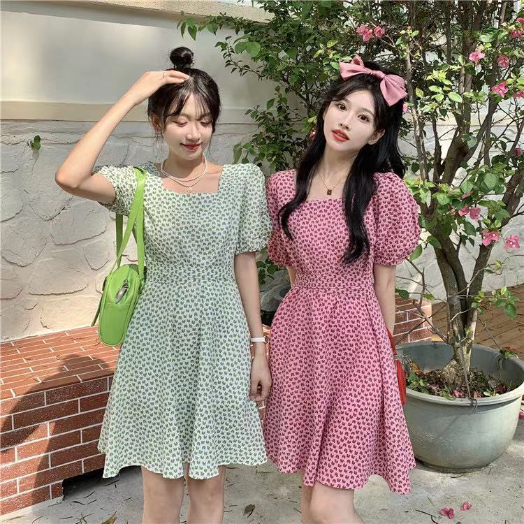 ชุดเดรสสีชมพูผูกเอวลายหัวใจ แขนสั้นแขนพอง ทรงเอเหนือเข่า สไตล์เกาหลี(ไม่มีซับ ไม่มีซิป ไม่มีสม็อ)