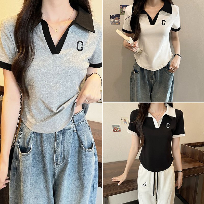 เสื้อโปโลผู้หญิงเข้ารูปสีทูโทน แฟชั่นฤดูร้อน เสื้อครอปสาวอวบน่ารัก มินิมอลคอวี สไตล์อเมริกันย้อนยุค เรียบหรู สไตล์เกาหลี