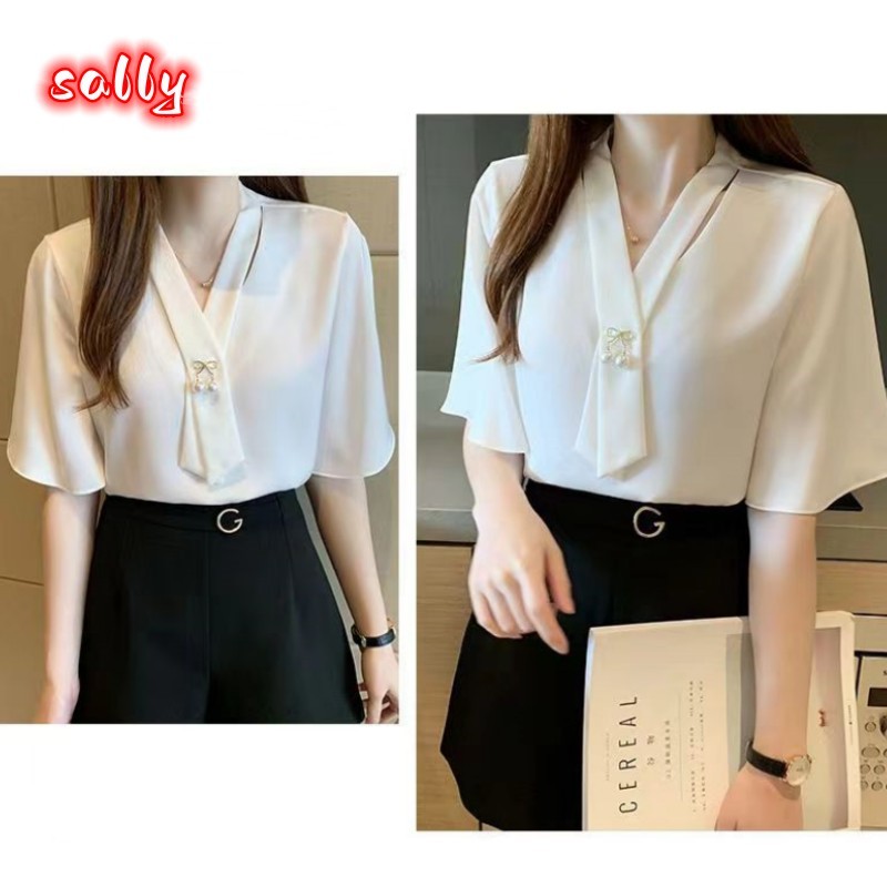 Sally จัดส่งทันที เสื้อเชิ้ตแขนสั้น คอวี ชีฟอง พระคุณ อารมณ์ ระบายอากาศ สไตล์ใหม่ สําหรับผู้หญิง สไตล์เกาหลี