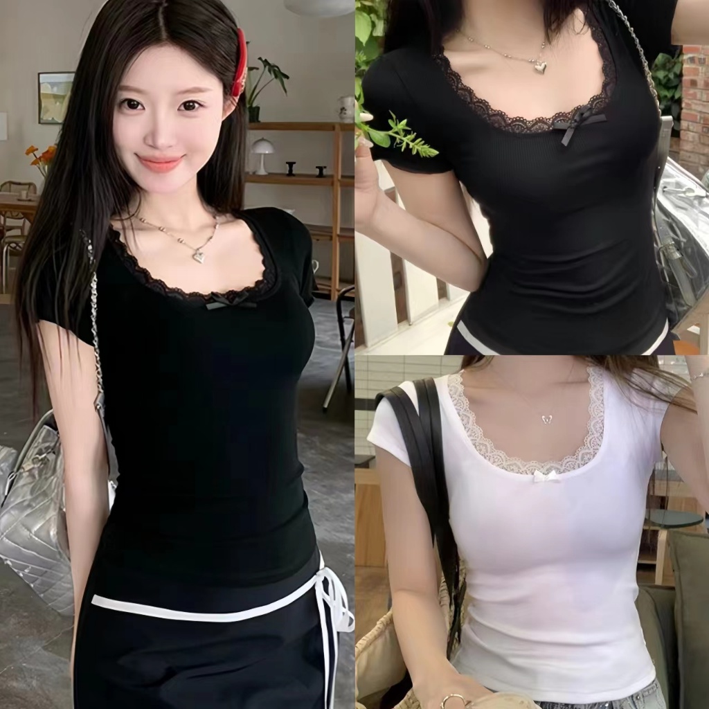 Beryl🌼เสื้อยืดแขนสั้นเข้าใหม่🌟🌟ดีไซน์ลูกไม้โบว์สีทึบเรียบง่ายทรงเข้ารูป