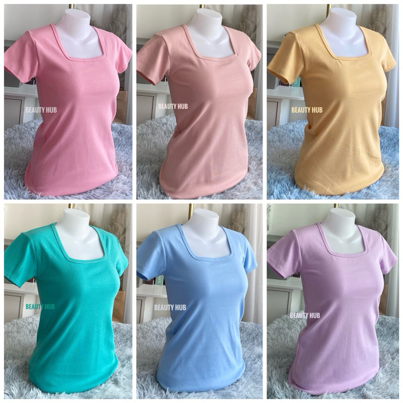 [516] เสื้อยืดคอหลี่ยม แขนสั้น สีพื้น เต็มตัว ทรงสวยสไตล์เกาหลี