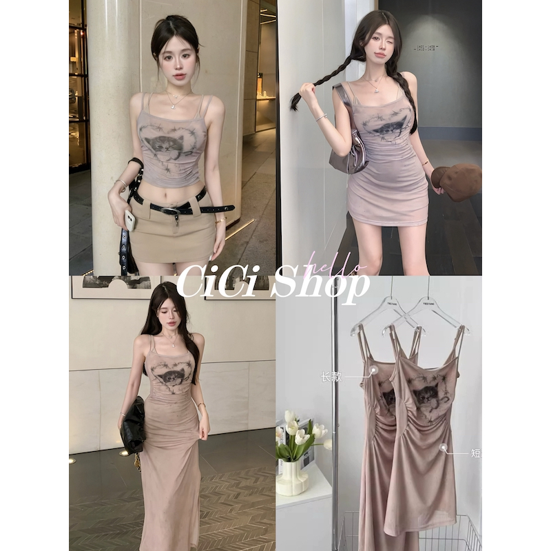 Cicishop(1652/1655/1653)เสื้อสายเดี่ยว/เดรสสั้น/เดรสยาว ลายน้องแมวหัวใจ จั๊มข้าง ผ้าซีทรู มีซับใน ผ่าข้างแซ่บมาก