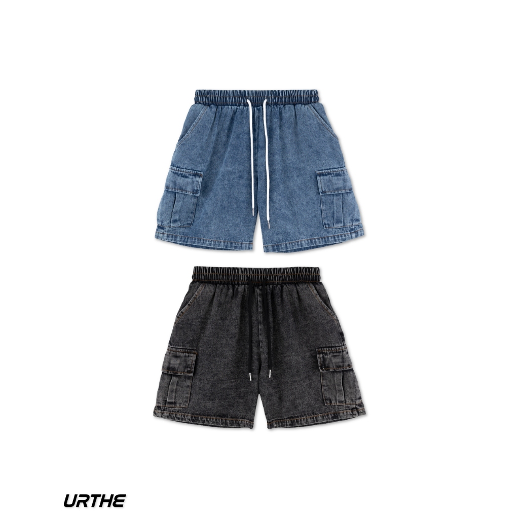 URTHE - กางเกงยีนส์ ขาสั้น สีฟอก รุ่น MINI DENIM SHORTS