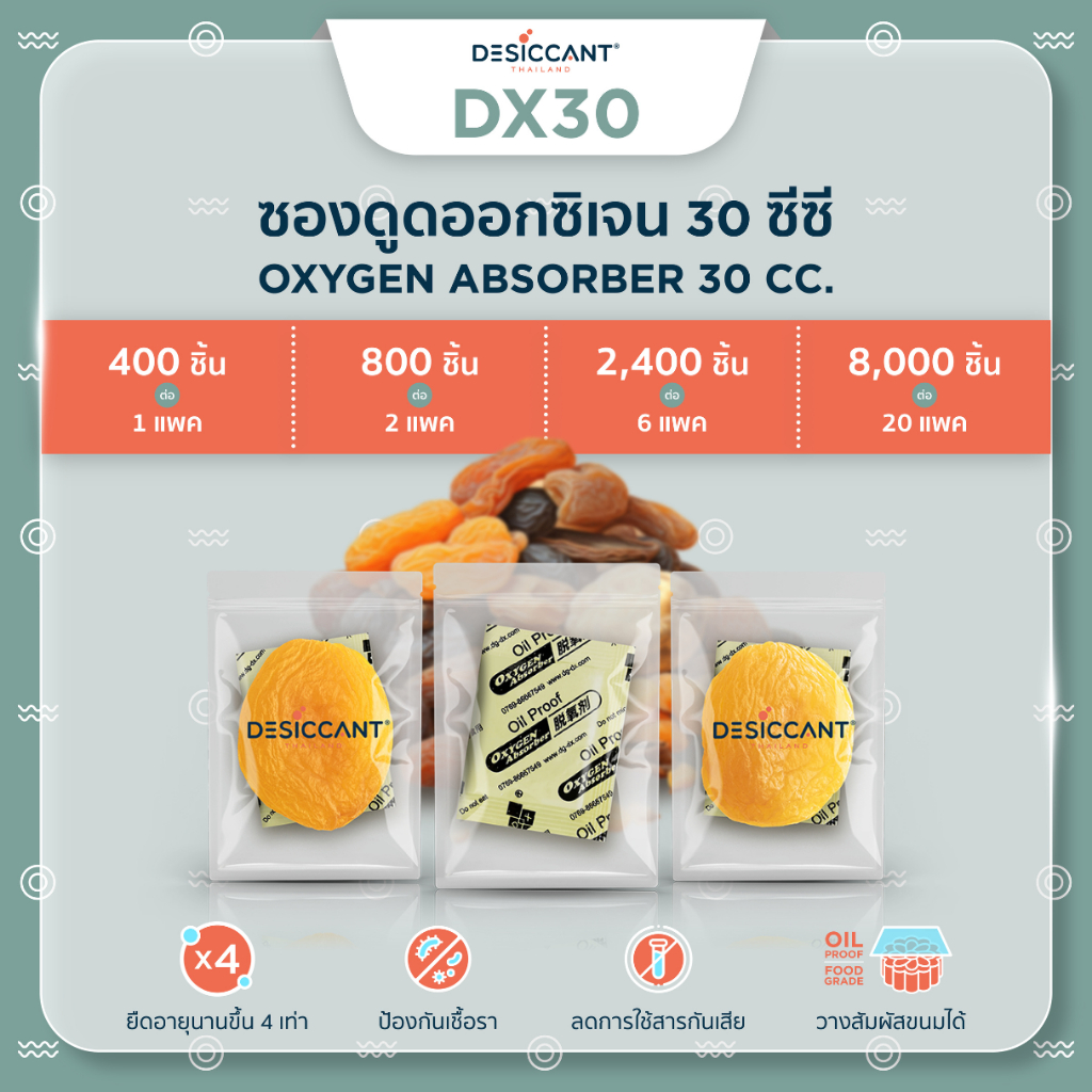 30cc ซองดูดออกซิเจน oxygen absorber กันกลิ่นหืน-เชื้อรา ลดใช้สารเคมี ยืดอายุอาหารแห้ง เบเกอรี่ ขนมเปี๊ยะ