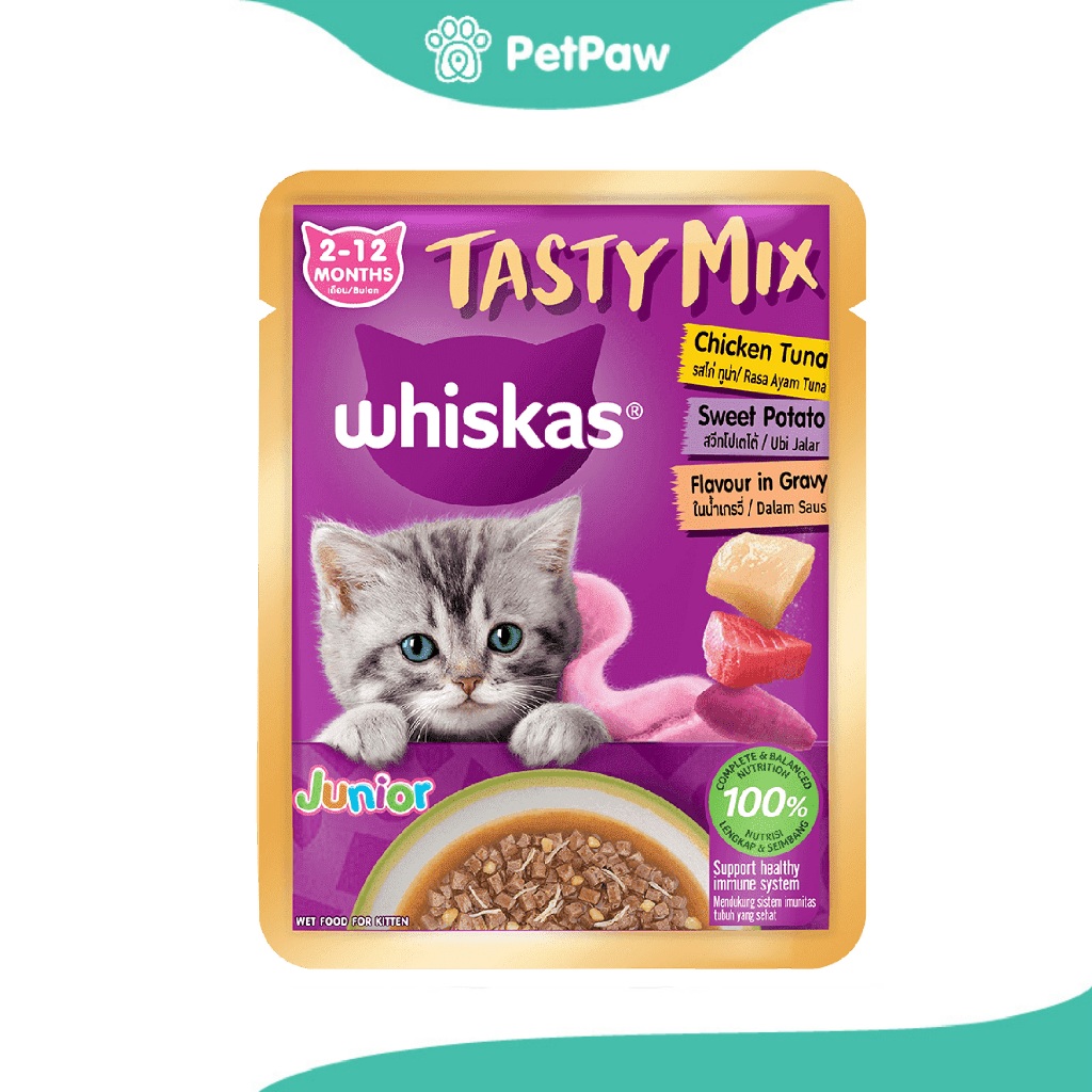 [ ไม่เข้าร่วมE-TAX] Whiskas Tasty Mix Kitten อาหารเปียกสำหรับลูกแมว รส ไก่ ปลาทูนา มันหวานในน้ำเกรวี่ 70g.(70g.)
