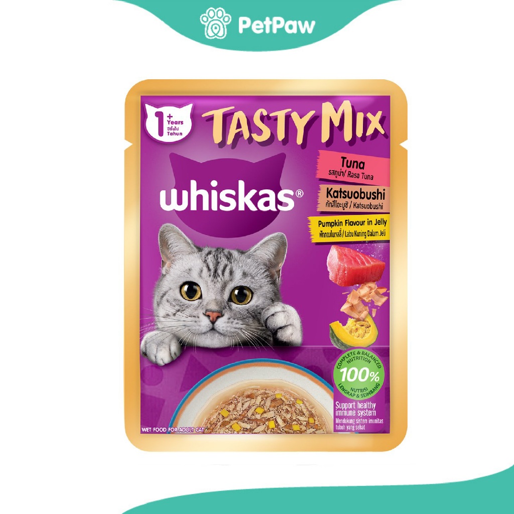 Whiskas Tasty Mix Adult อาหารเปียกสำหรับแมวโต รส ปลาทูน่า ปลาคัทซึโอะบูชิ ฟักทองในเยลลี่ 70g.(70g.)