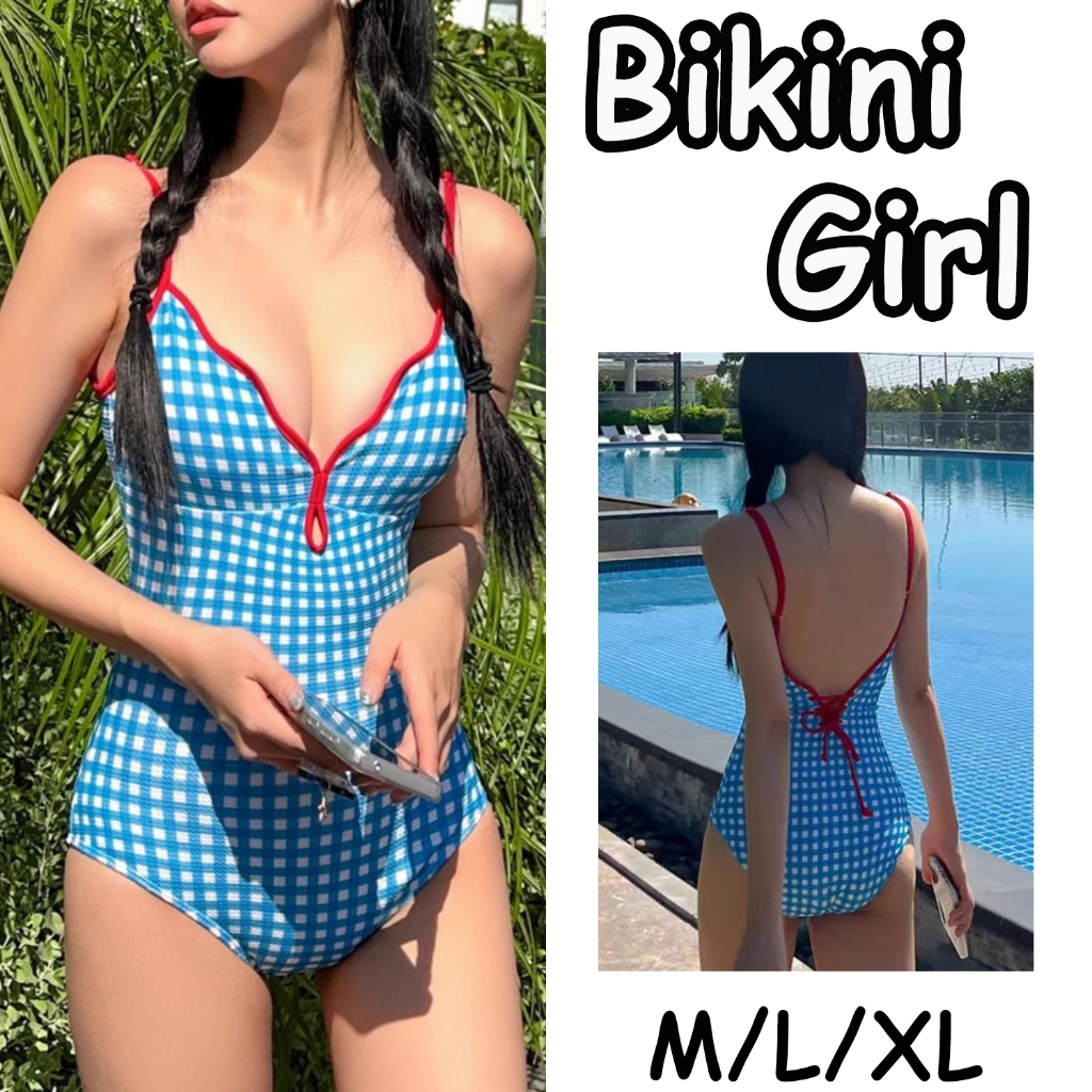 Bikini Girl ชุดว่ายน้ำวันพีช ชุดว่าย เช็คลาย มีสายผูกด้านหลัง ส่งไวจากไทย1-3วัน#0277