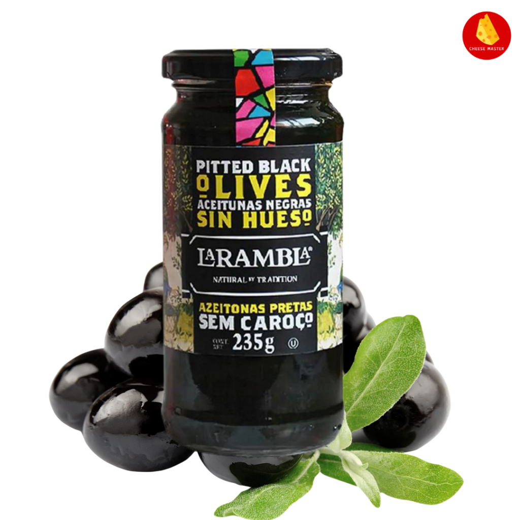 มะกอกดำ ในน้ำเกลือ มะกอกดำ ไร้เมล็ด 235 กรัม pitted black olives Ra Lambla in brine